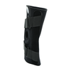 Black hinged lateral "J" brace with adjustable Velcro straps and open knee design, made in the USA by RCAI, ideal for B2B.