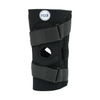 Black hinged lateral "J" brace with two adjustable straps and circular open patella, featuring the rcai logo, made in the.