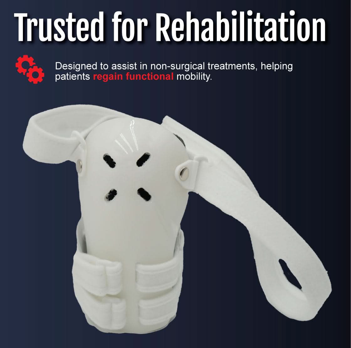 White over-the-shoulder humeral fracture brace with adjustable straps and padded support, made in the USA, ideal for B2B.