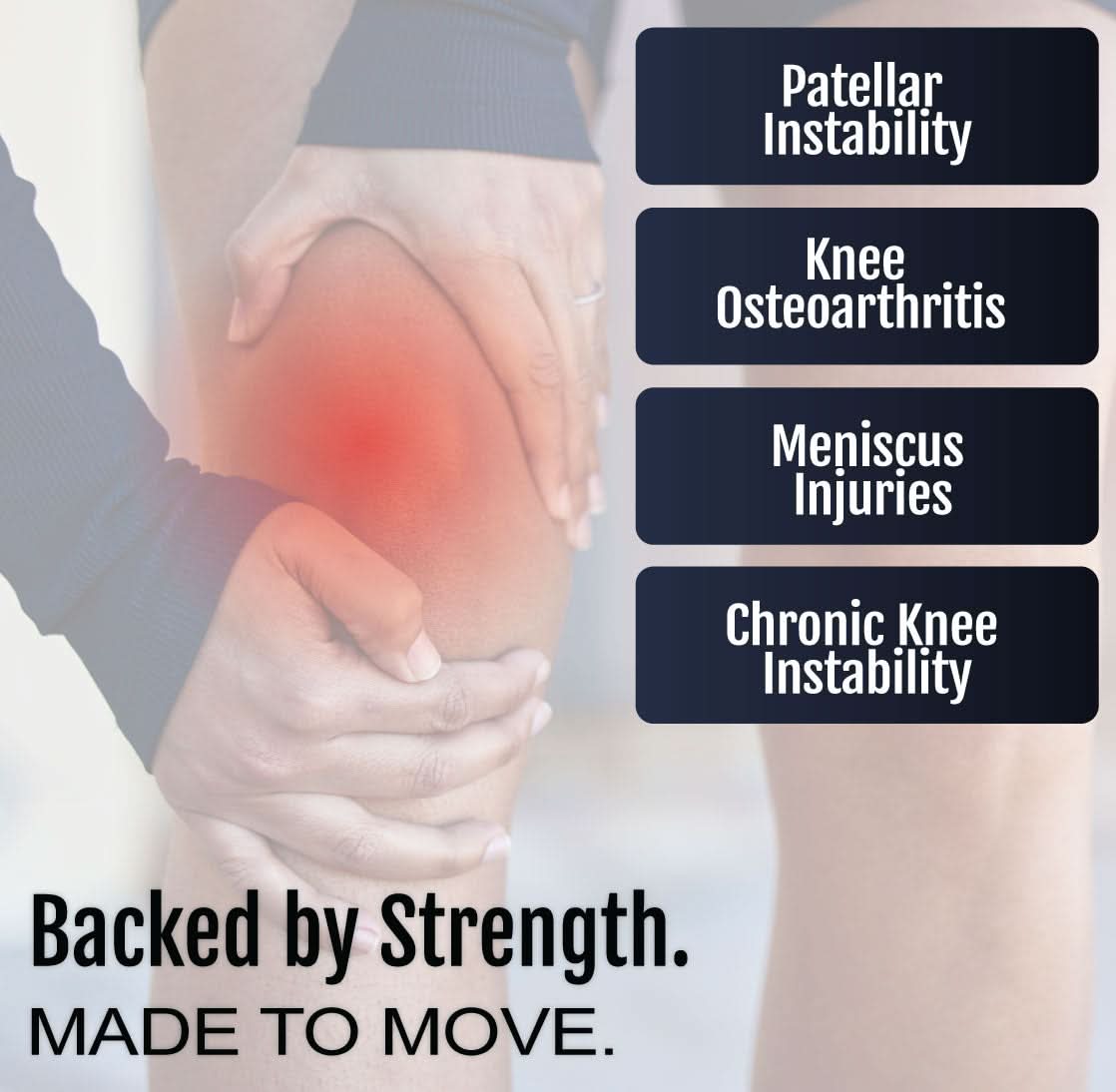 Knee wrapped in a gray hinged knee brace highlighting support areas, promoting relief for patellar instability,.