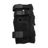 Black neoprene wrap-around knee brace with covered hinge and three adjustable hook-and-loop straps, made in the USA, best.
