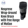 Black neoprene wrap-around knee brace with covered hinge and adjustable straps, labeled made in the USA, by RCAI, ideal for.