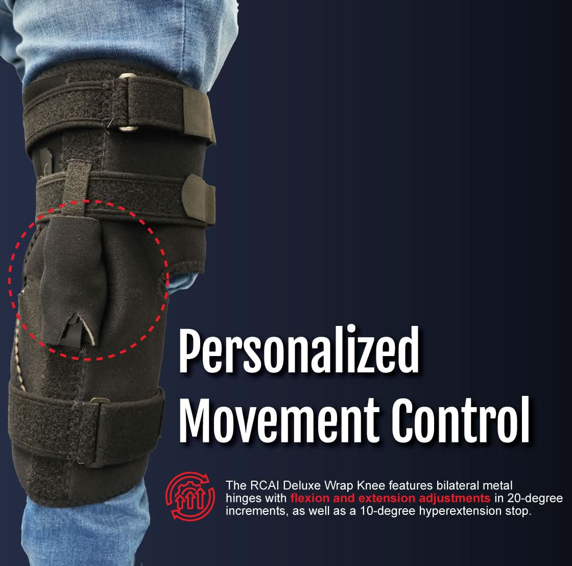 Black RCAI Deluxe Wrap Knee brace on a leg with adjustable straps and metal hinges, made in the USA, B2B orthopedics.