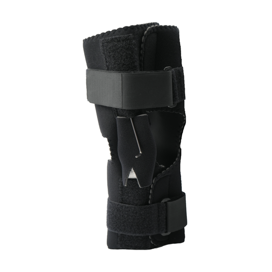 Black RCAI Deluxe Wrap Knee brace featuring adjustable Velcro straps with a sturdy side hinge for support, made in the USA,.
