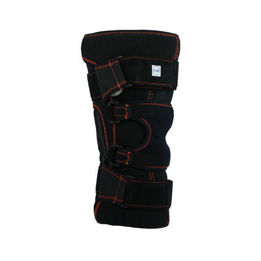 Black orthopedic knee brace with bright orange stitching, multiple adjustable straps, and padded support panels.