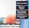 Person wearing a beige Flex Pop Elbow brace supporting the arm with highlighted red area indicating elbow pain; made in the.