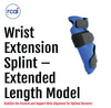 Blue wrist extension splint with extended length, adjustable black straps, made in the USA, best orthopedic braces by RCAI,.