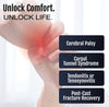 Hand gripping wrist, highlighting pain areas with red glow on wrist; text lists cerebral palsy, carpal tunnel syndrome,.