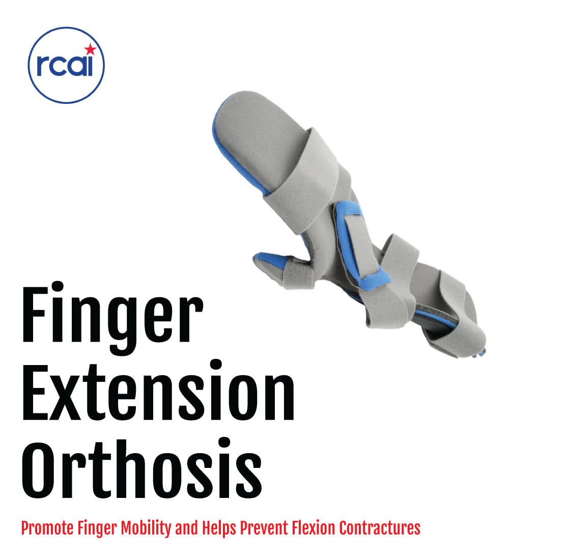 Gray and blue finger extension orthosis with adjustable straps, designed for finger support, made in the USA by RCAI, ideal.
