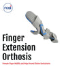Gray and blue finger extension orthosis with adjustable straps on white background, made in the USA, rcai logo, best.