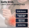 Hand wearing a beige finger extension orthosis with adjustable straps around the fingers and wrist, highlighting support for .