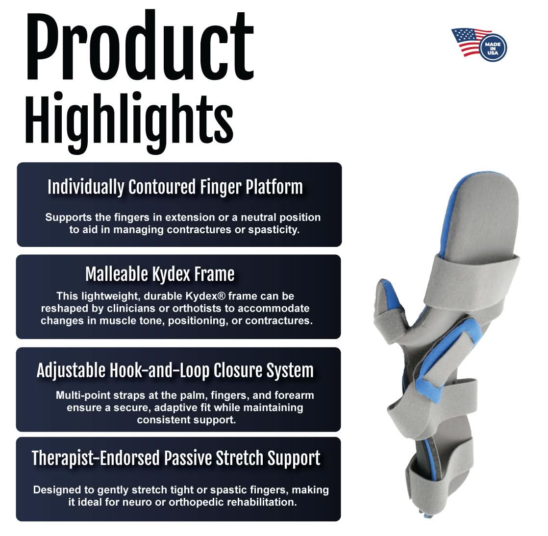 Adjustable gray finger extension orthosis with blue accents, contoured platform, hook-and-loop closures, and passive stretch .