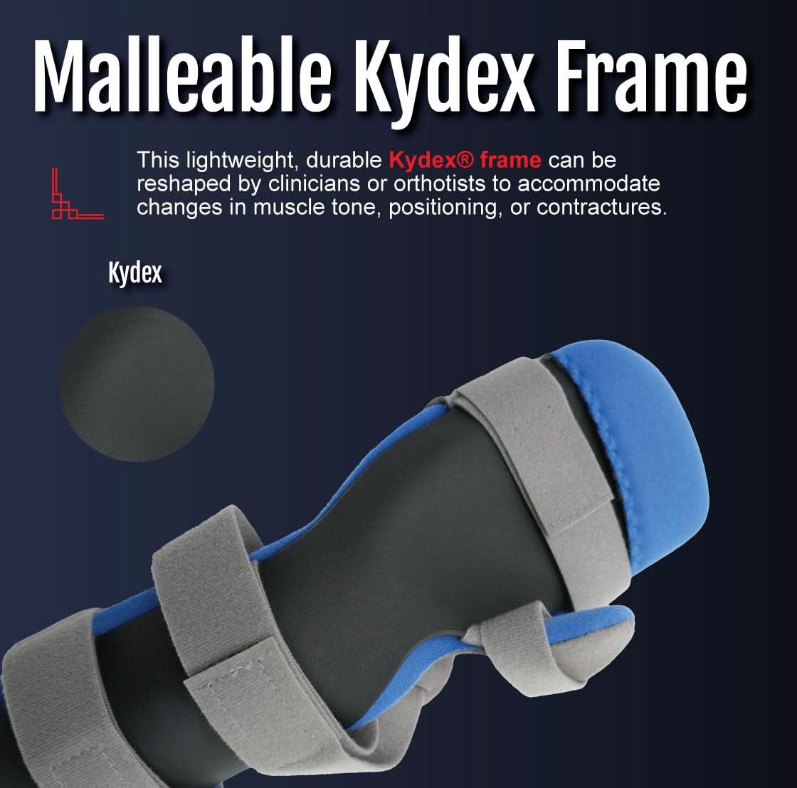 Blue padded finger extension orthosis with black malleable Kydex frame and adjustable gray straps, made in the USA by RCAI,.