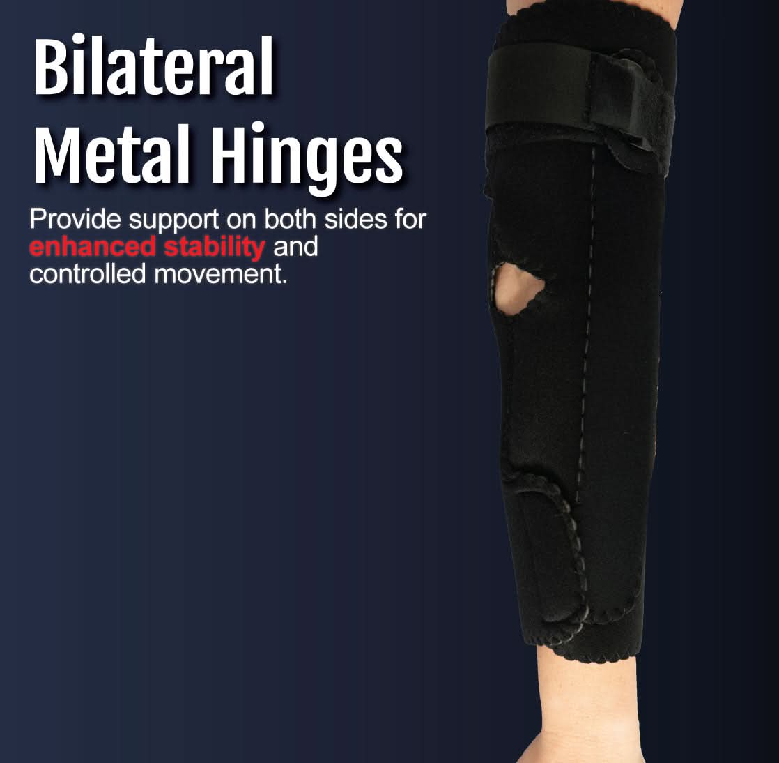 Black RCAI hinged elbow sleeve with bilateral metal hinges for enhanced stability, worn on left arm, made in the USA, best.