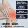 Semi-rigid ratchet POP knee brace in gray and black on bent knee with text highlighting ligament repairs, soft tissue.