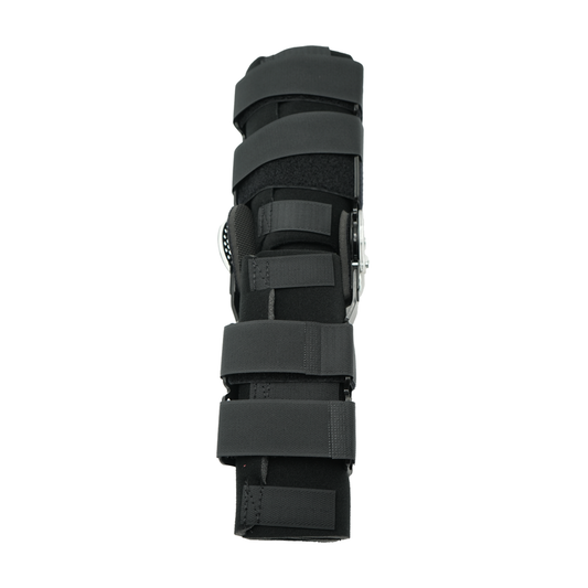 Black semi-rigid ratchet POP knee brace with four adjustable straps and metal hinges, made in the USA, best orthopedic.