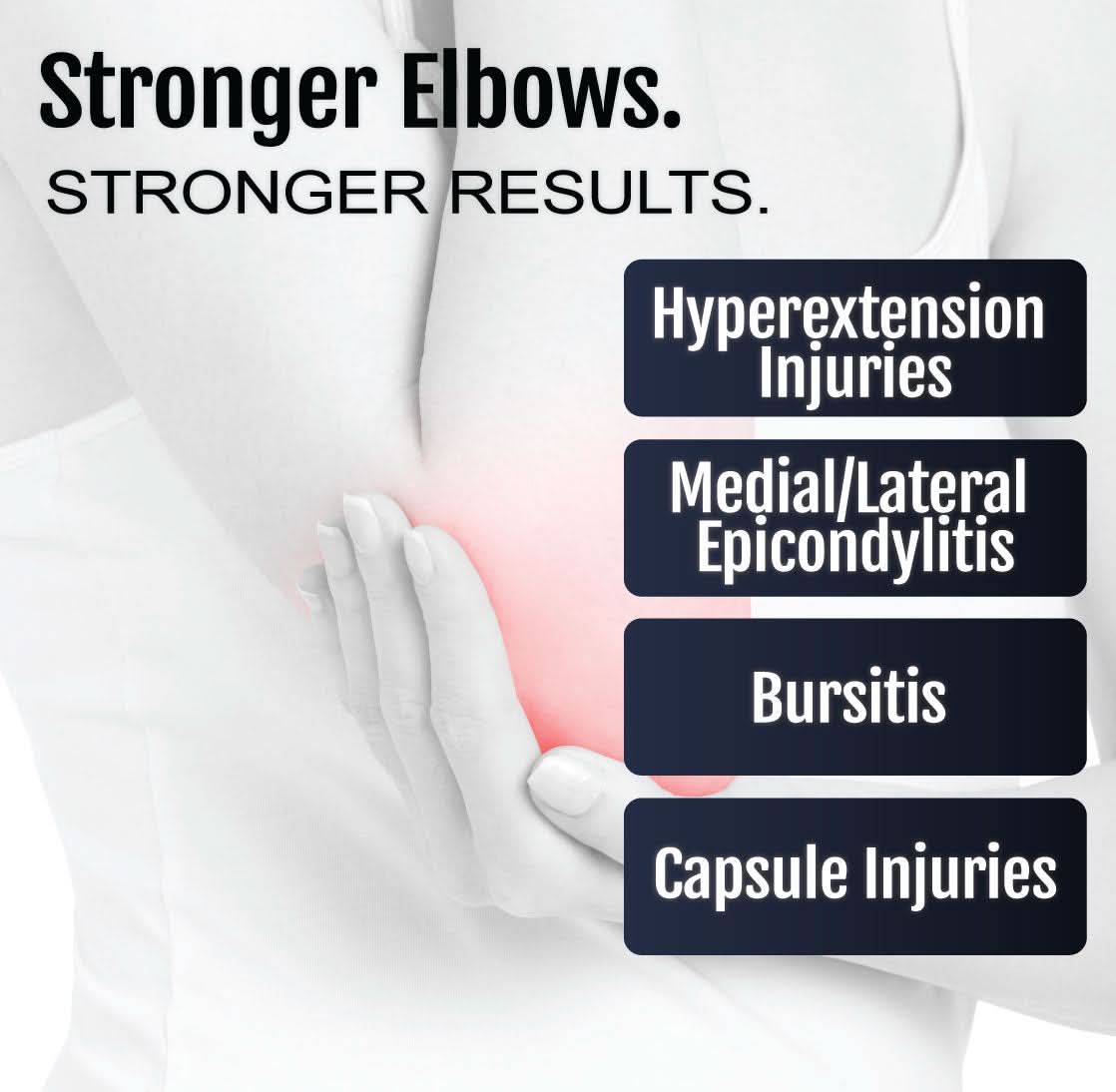 Illustration of a person holding their elbow highlighted in red, with text listing hyperextension injuries, medial/lateral.