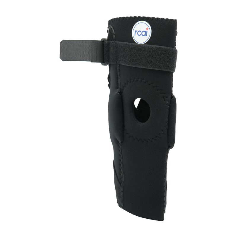 Black orthopedic extension stop elbow brace with adjustable velcro straps and circular cutout, made in the USA by RCAI,.
