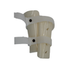 Pediatric forearm fracture orthosis in beige plastic with two white adjustable straps and black fasteners, made in the USA,.