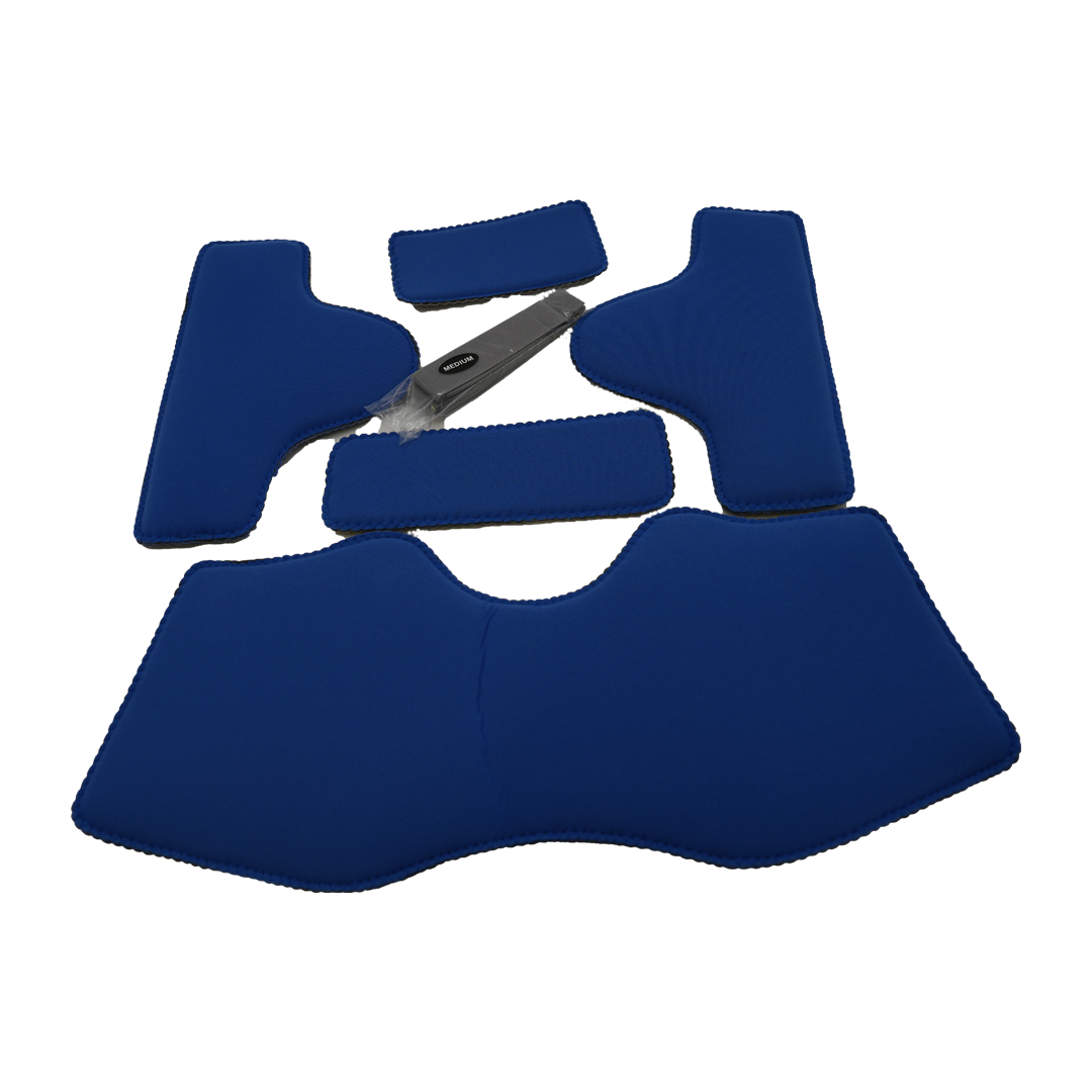 Blue padded hip abduction orthosis accessory kit parts arranged on white background, made in the USA, best orthopedic braces .