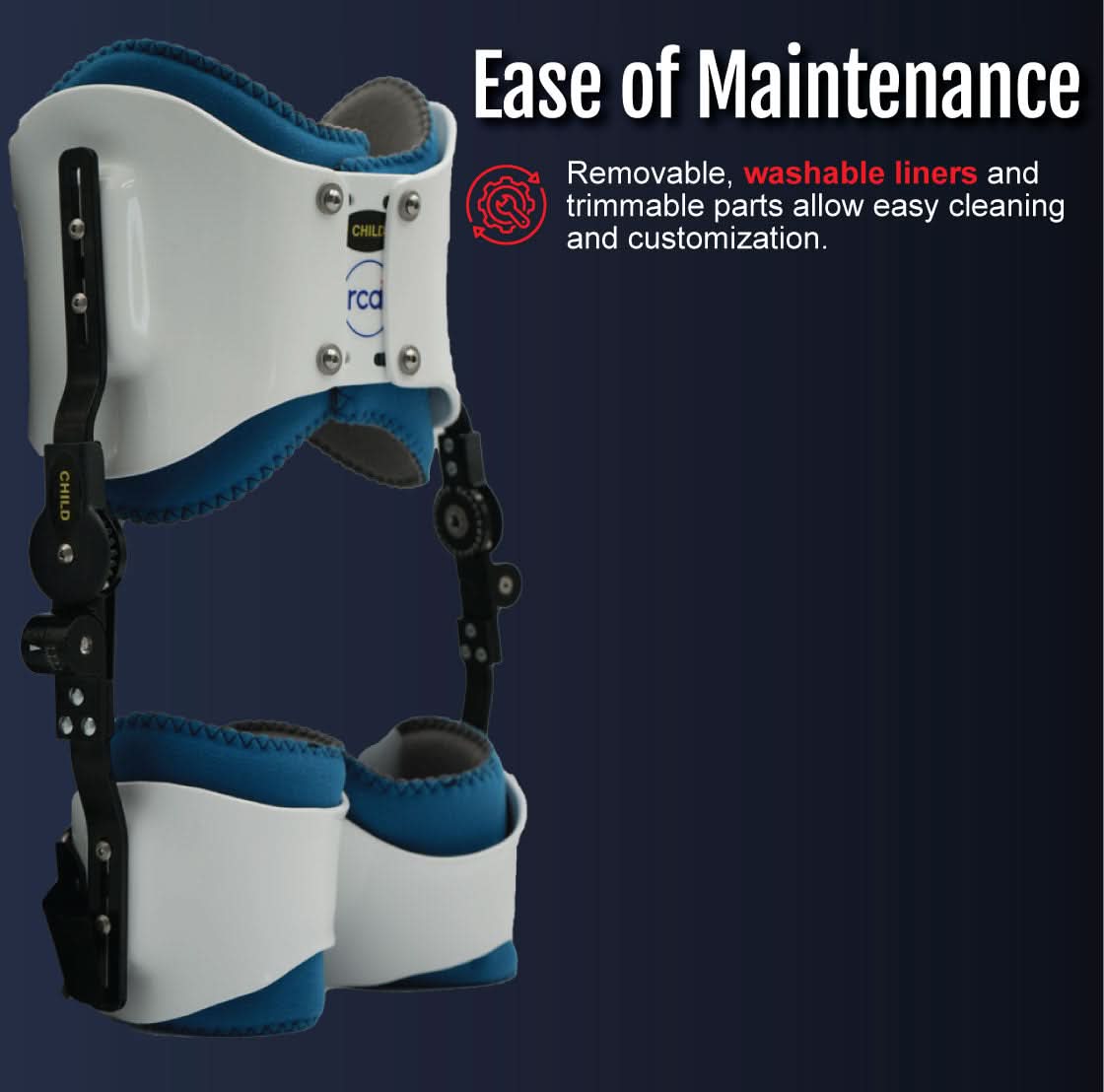 White and blue bilateral hip abduction orthosis with black adjustable metal hinges, washable liners, and trim parts, made in .