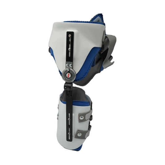 White and blue hip abduction orthosis with adjustable metal hinges, padded interior, and multiple straps, made in the USA,.