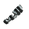 Adjustable post-operative arm brace in black and gray with metal hinge, velcro straps, labeled RCAI, made in the USA,.