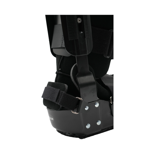 Close-up of black RCAI TA Boot ankle brace with sturdy metal hinges and adjustable Velcro straps, showcasing durable.