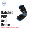 Black and blue ratchet POP arm brace designed for post-surgery support and ligament repair, featuring adjustable straps and.