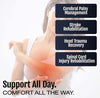 Woman wearing white sleeveless top holding elbow with text overlay about cerebral palsy, stroke, head trauma, and spinal.