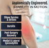 Adjustable black RCAI universal arm brace on bent elbow, highlighting support areas with red shading, made in the USA, best.