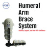 Humeral arm brace system in white with black adjustable straps and support frame, featuring RCAI logo, designed for optimal.