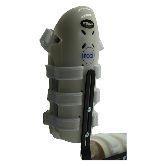 Olive green humeral arm brace with adjustable white straps, labeled medium, featuring black metal support and RCAI logo,.