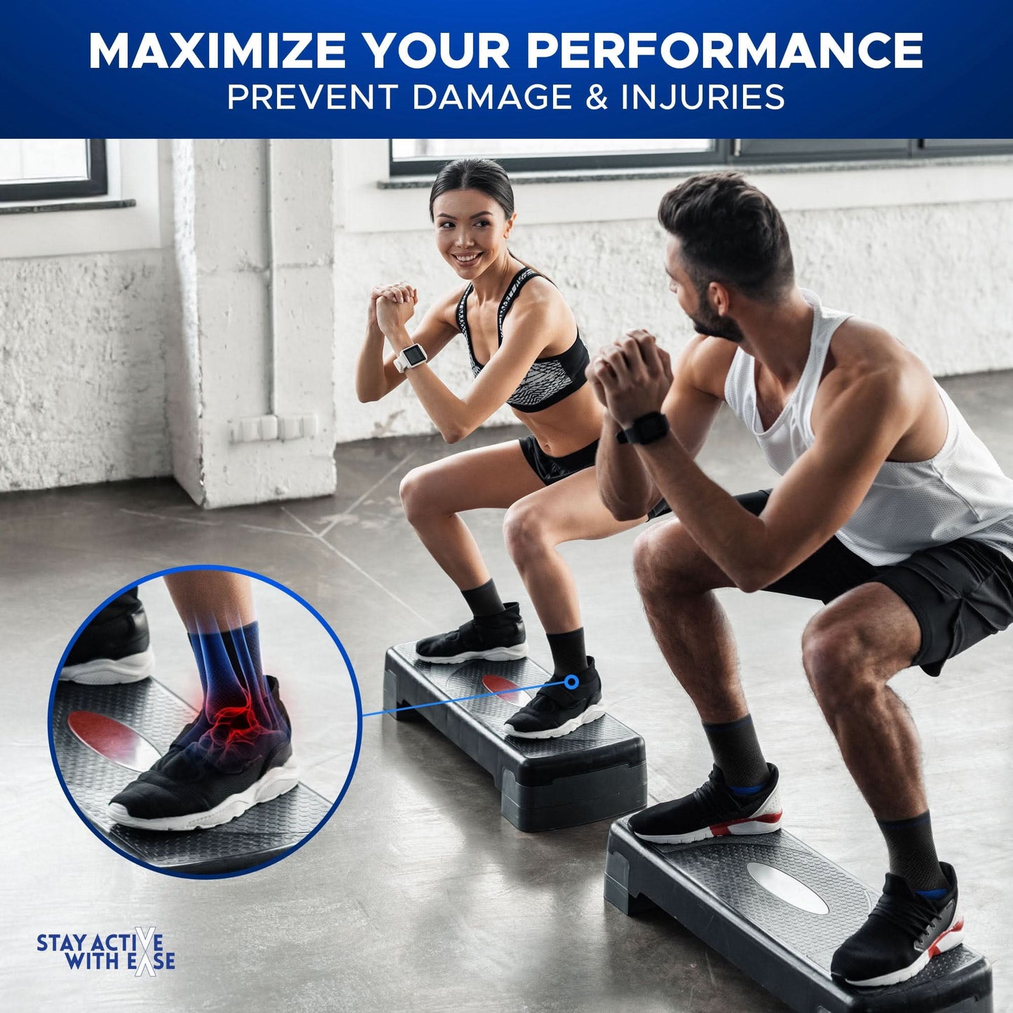 Two athletes wearing black and blue Active Ease Compression Ankle Sleeves while performing step-up exercises, highlighting.