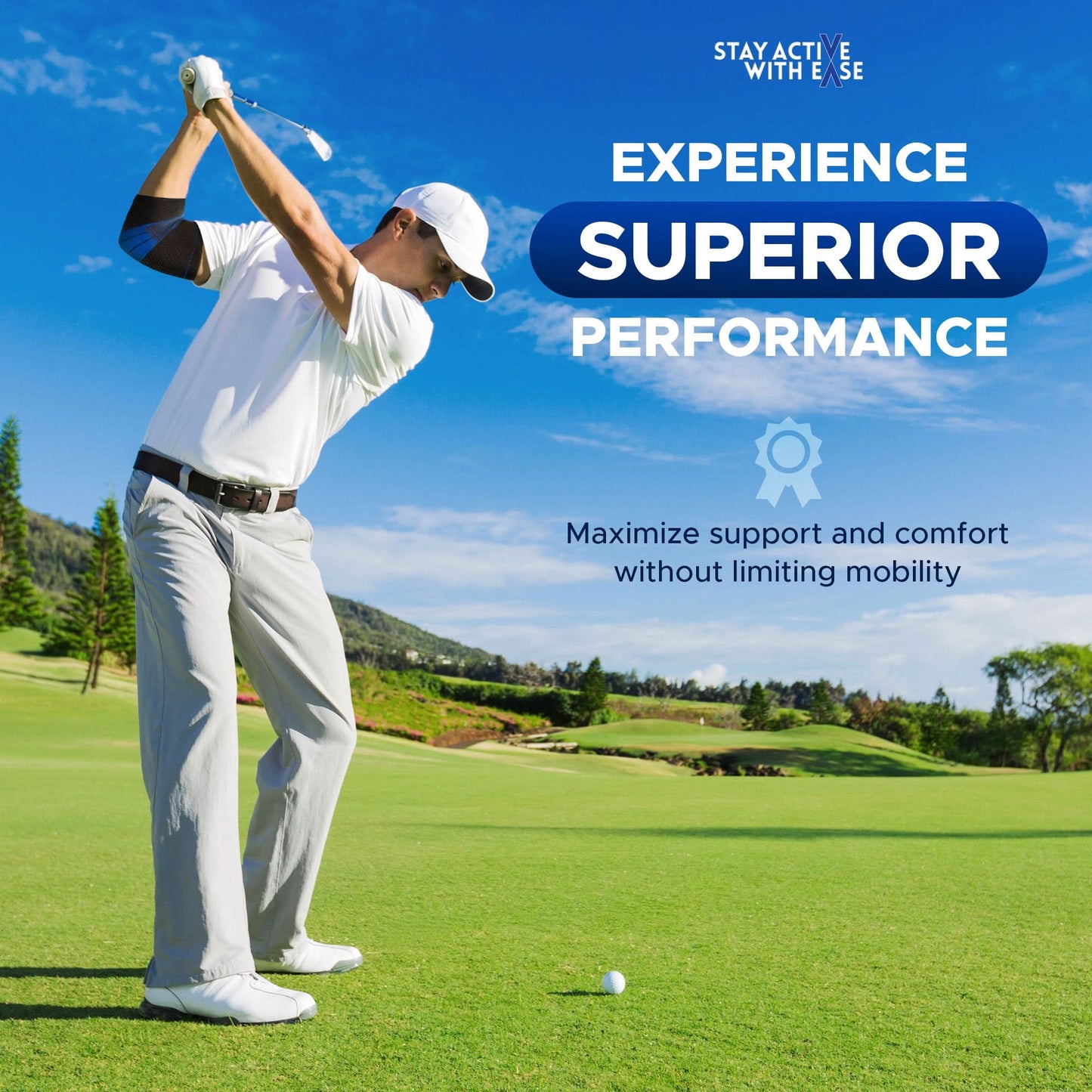 Man wearing white ActiveEase Compression Elbow Brace on left arm swinging golf club on green course, blue sky backdrop,.