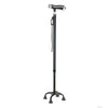 Black adjustable self-standing cane with ergonomic gray handle, quad rubber base for stability, made in the USA, ideal for.