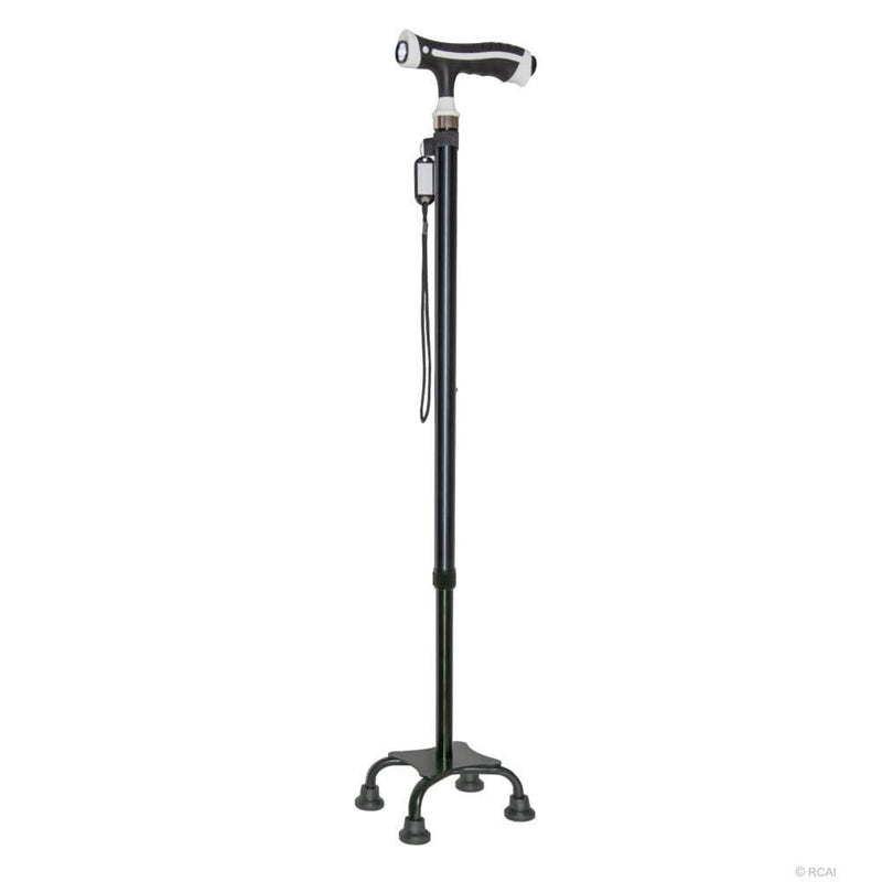 Black adjustable self-standing cane with ergonomic gray handle, quad rubber base for stability, made in the USA, ideal for.