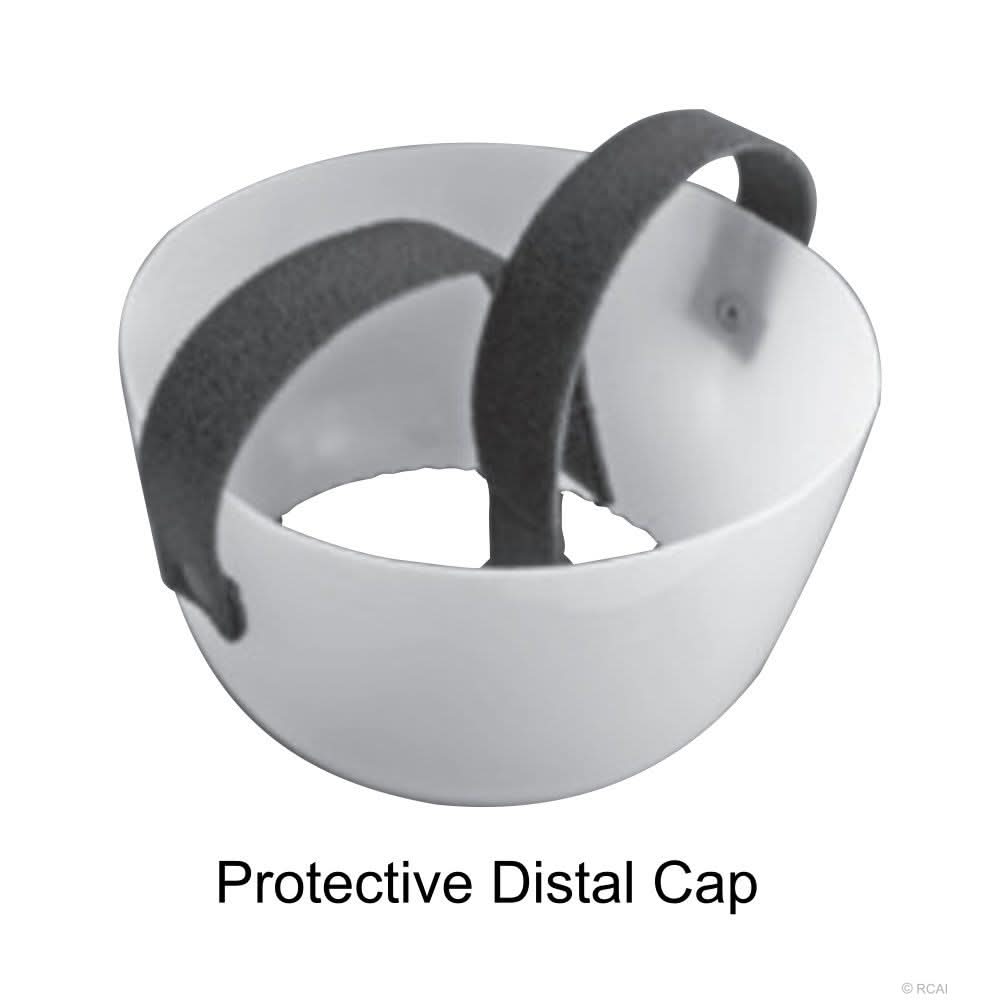 White semi-rigid distal cap with two black adjustable straps, Below Knee Amputee Rigid Dressing Protector, made in the USA,.