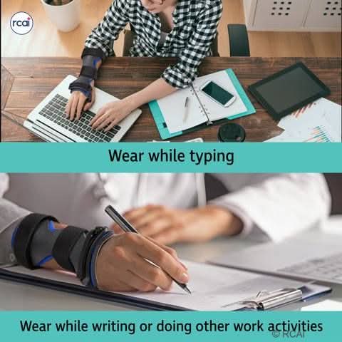 RCAI dorsal carpal tunnel splint on right wrist, black medical-grade wrist support worn while typing and writing, made in.