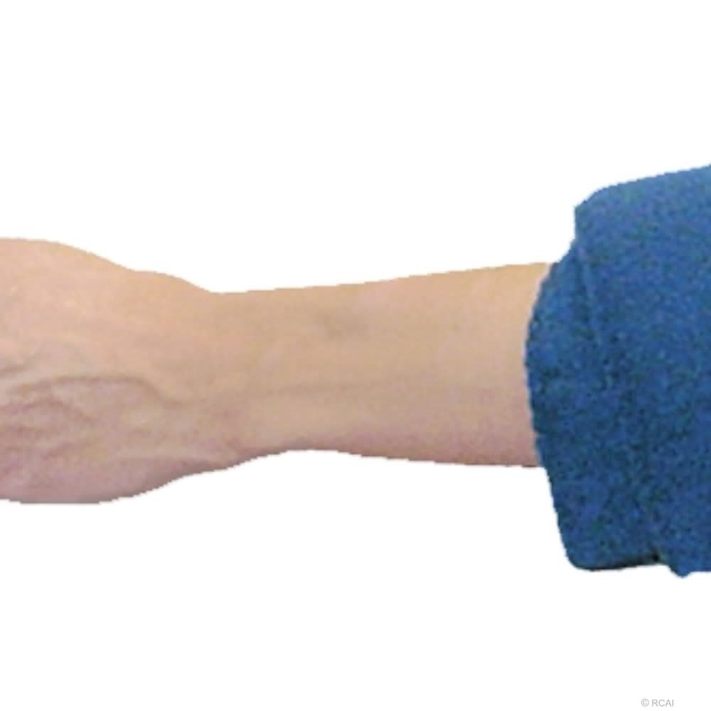 Pediatric elbow stabilizer in blue fabric sleeve on extended arm, designed for support, made in the USA, best orthopedic.