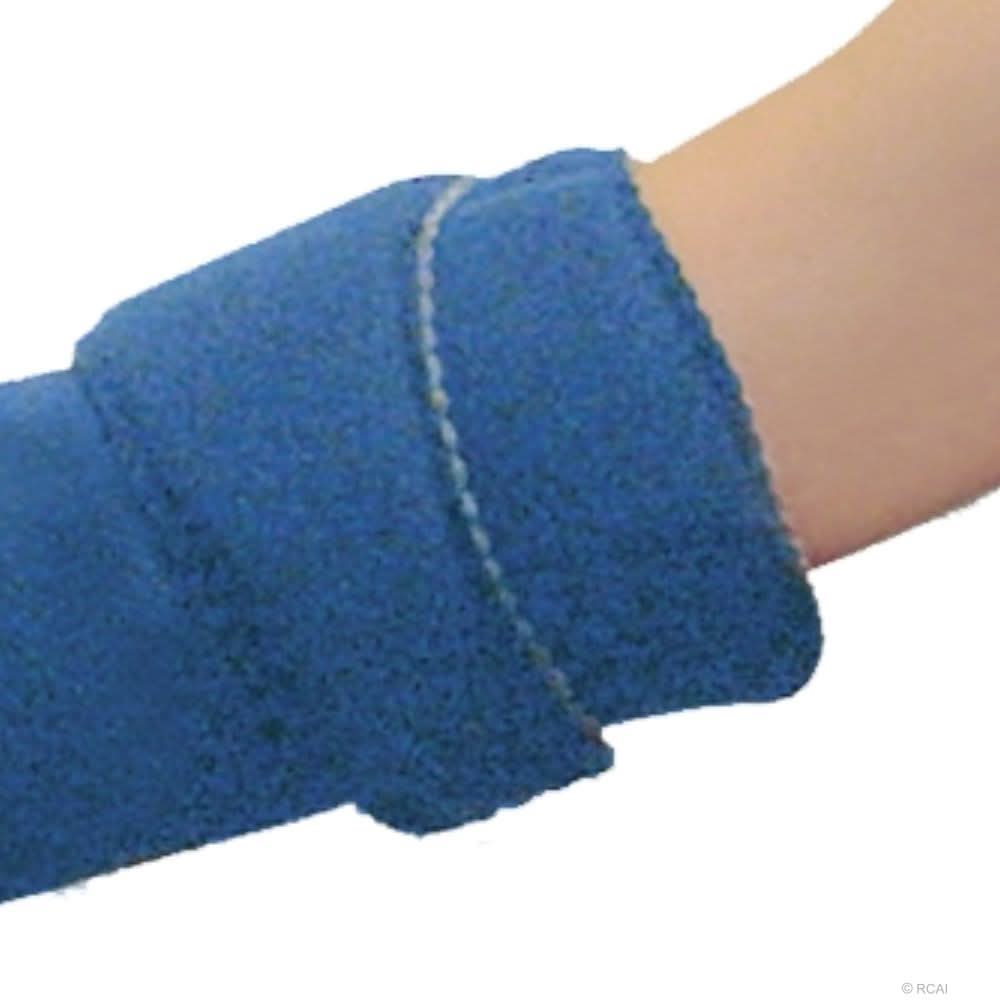Blue pediatric elbow stabilizer with soft fabric wrap on child's arm, made in the USA, RCAI B2B orthopedics wholesale, best.