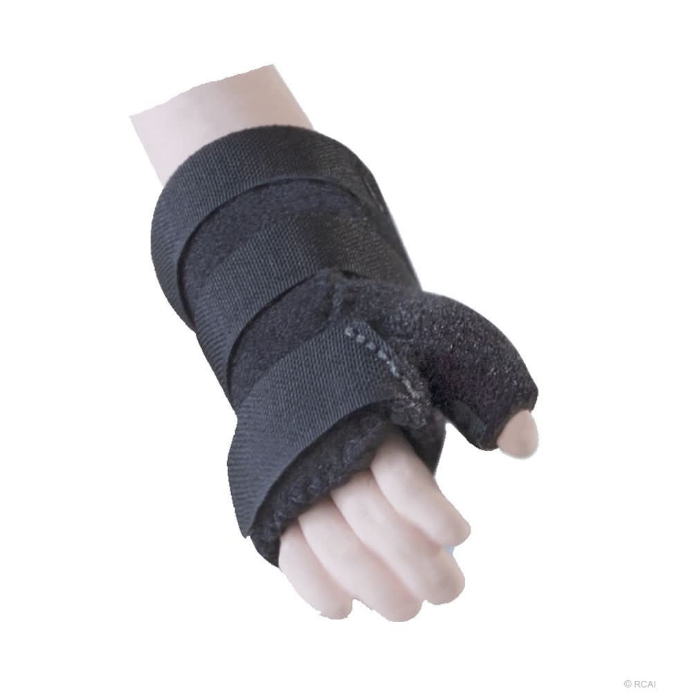 Black pediatric wrist thumb support brace on a child's right hand with adjustable straps, made in the USA, top-quality.
