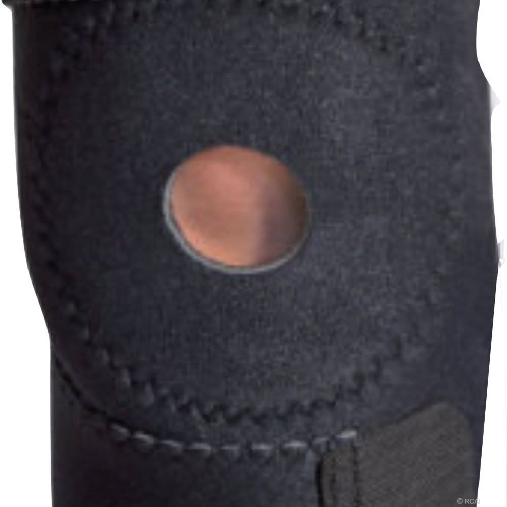 Black wrap-around knee brace with open patella and reinforced buttress, made in the USA, best orthopedic braces by RCAI for.