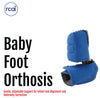 Blue padded baby foot orthosis with adjustable straps for infant foot alignment, made in the USA, RCAI branding, ideal for.