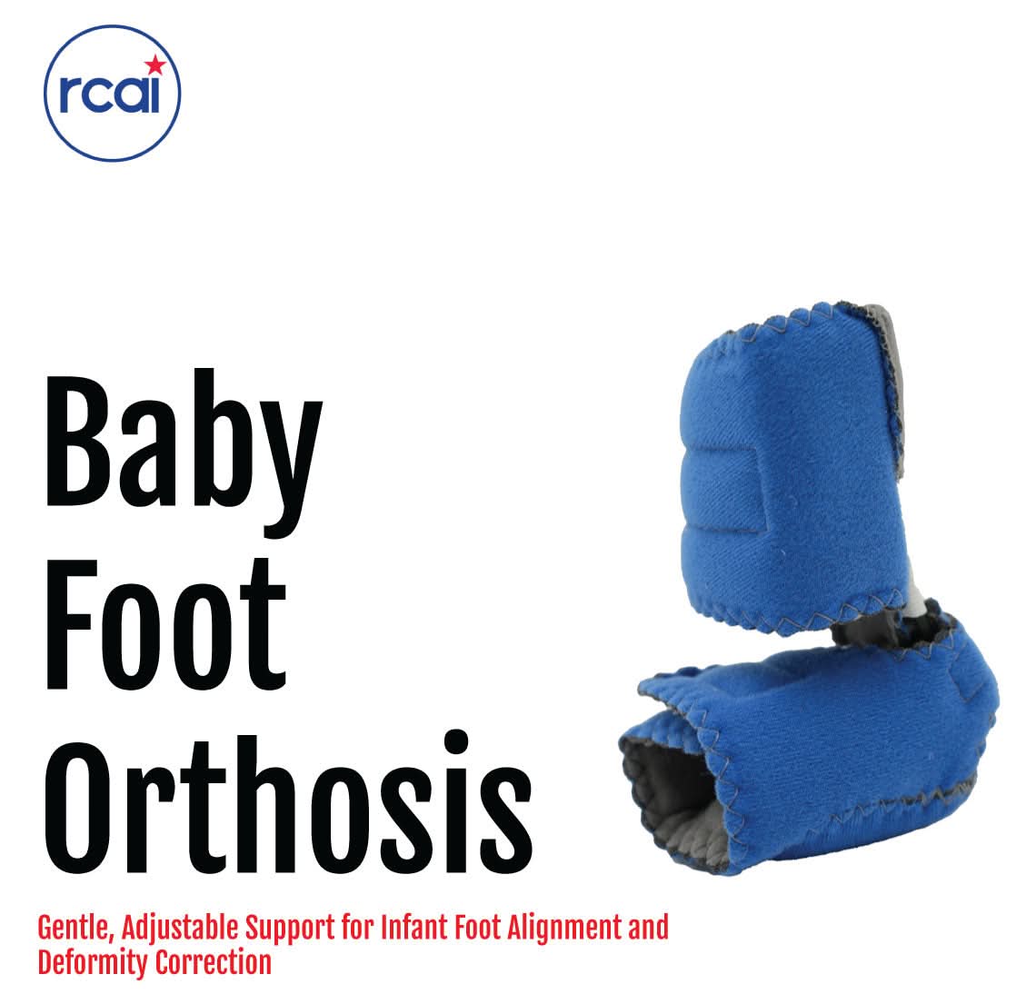 Blue padded baby foot orthosis with adjustable straps for gentle foot alignment, made in the USA, RCAI, top choice in B2B.