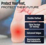 Close-up of a baby’s sole with red highlighting on heel area showing conditions like flexible flatfoot and tibial torsion,.