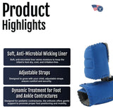 Blue baby foot orthosis with soft anti-microbial wicking liner, adjustable straps, branded with made in the USA, RCAI, and.