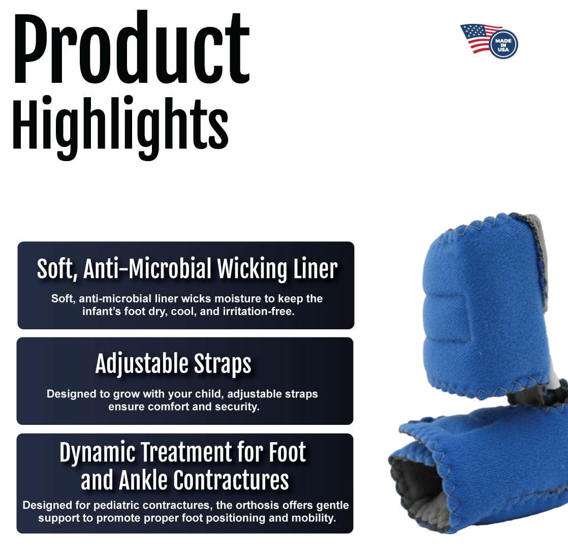 Blue baby foot orthosis with soft anti-microbial wicking liner, adjustable straps, branded with made in the USA, RCAI, and.
