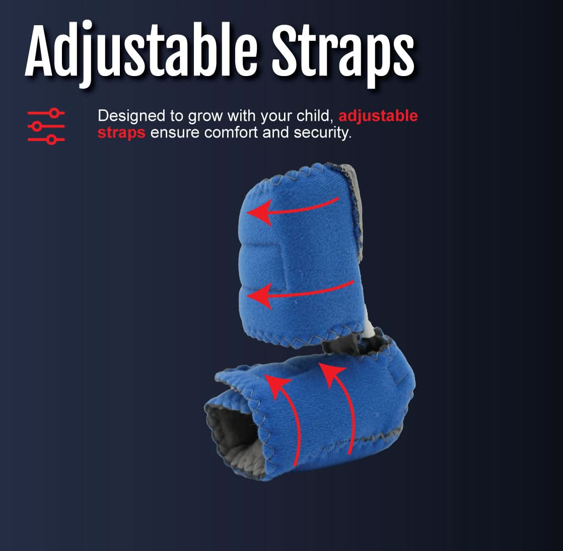 Blue baby foot orthosis with adjustable straps shown by red arrows, designed for comfort and security, made in the USA,.