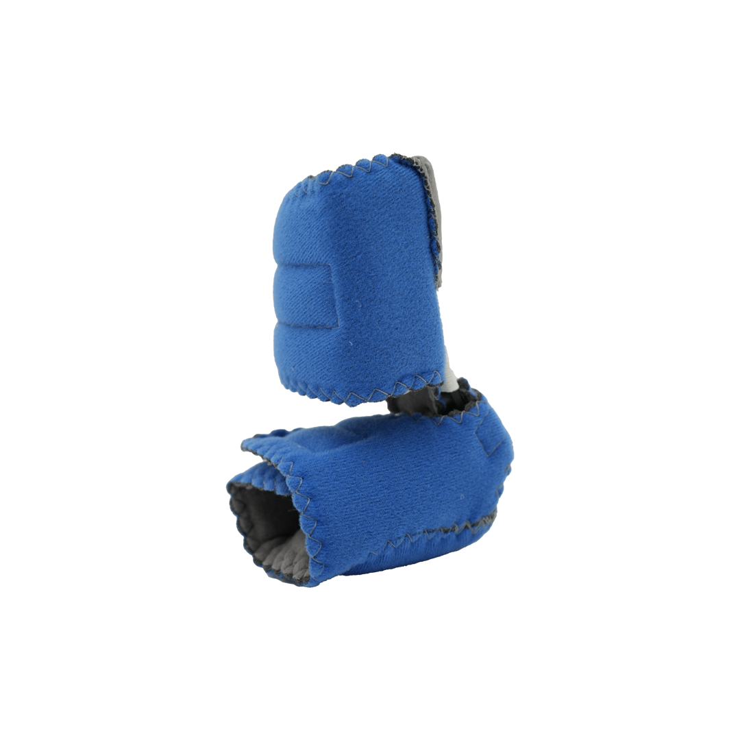 Blue baby foot orthosis brace with soft padded fabric and adjustable strap, designed for comfort and support, made in the.